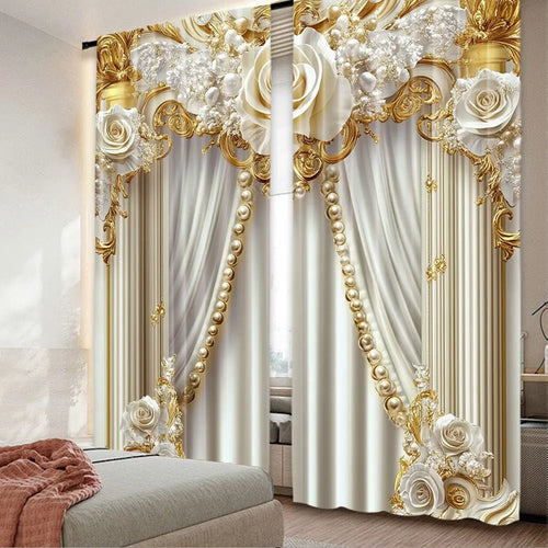rideau blanc doré roses classique ornements opacité 166cm 230cm 210cm chambre salon moderne