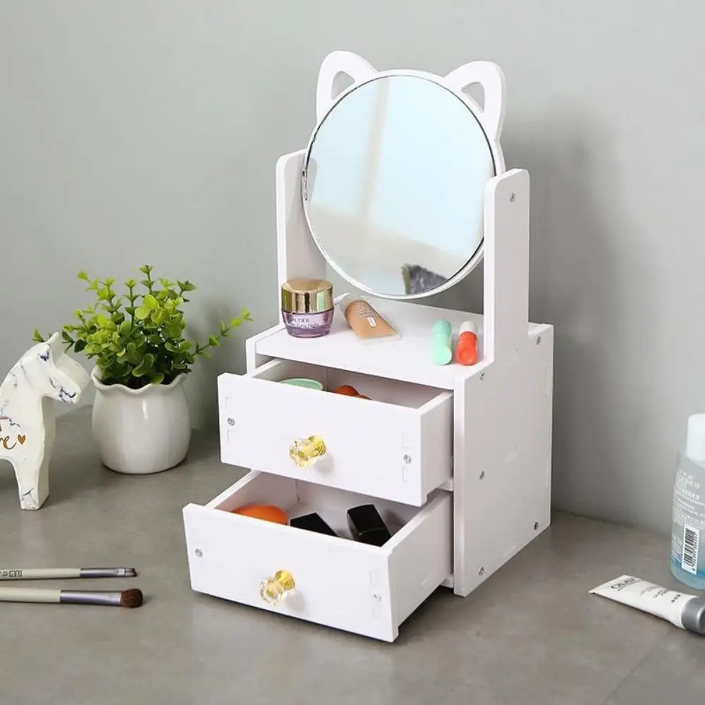 meuble rangement blanc moderne tiroirs miroir rond compartiments cosmétiques