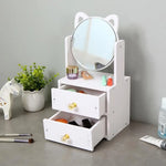 meuble rangement blanc moderne tiroirs miroir rond compartiments cosmétiques
