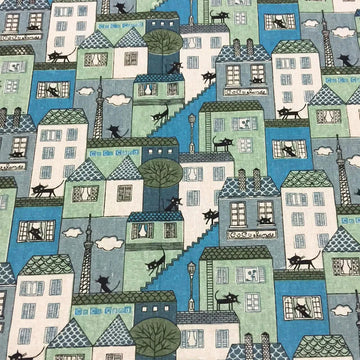 tissu plaid illustratif coloré motifs maisons chats sacs rangement coton lin bleu vert rose