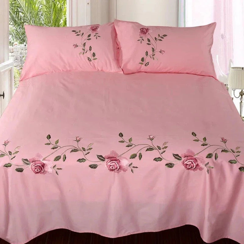 drap lit rose brodé feuilles vertes coton polyester lit adulte classique floralsetSize: 14 words