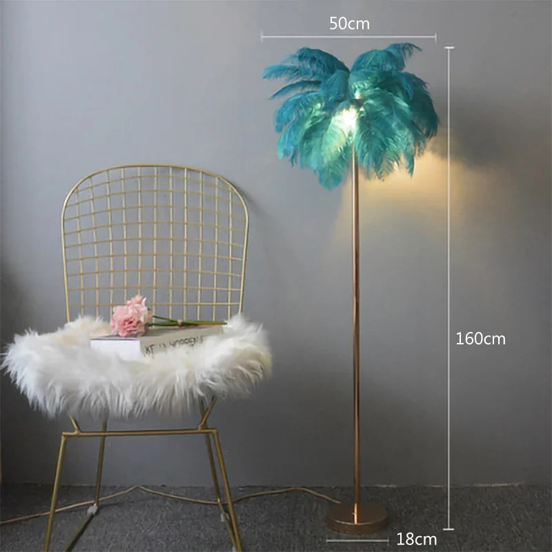 lampe sol moderne plumes blanches dorées bleu turquoise LED éclairage intérieur chambre salon élégant