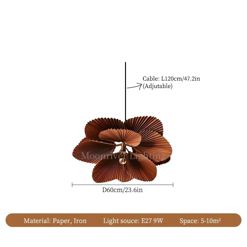lampe suspendue moderne feuilles plissées marron clair salon chambre lumière blanc neutre chaleureuse