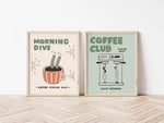 affiches modernes illustration Morning Dive Coffee Club minimaliste beige clair vert pastel orange noir