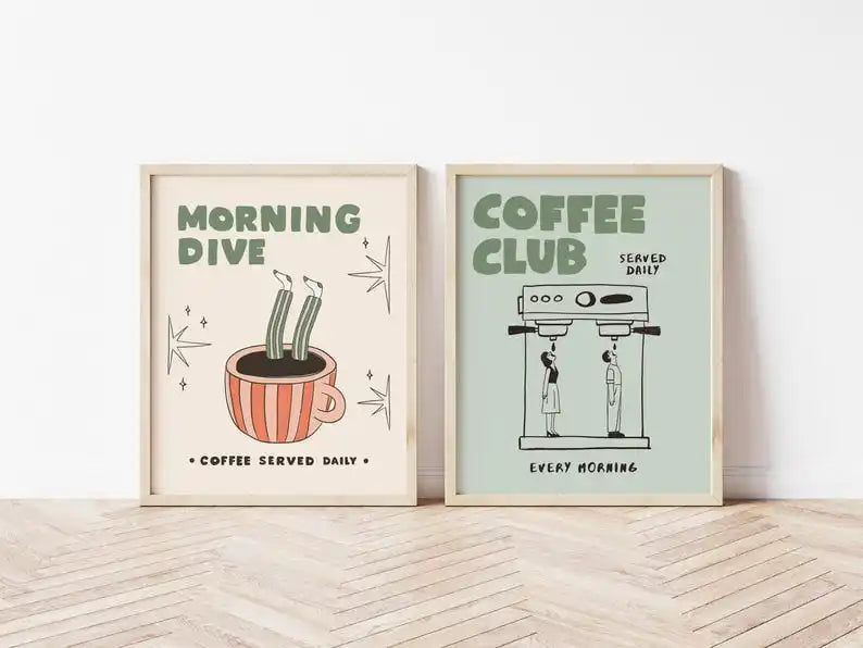 affiches modernes illustration Morning Dive Coffee Club minimaliste beige clair vert pastel orange noir