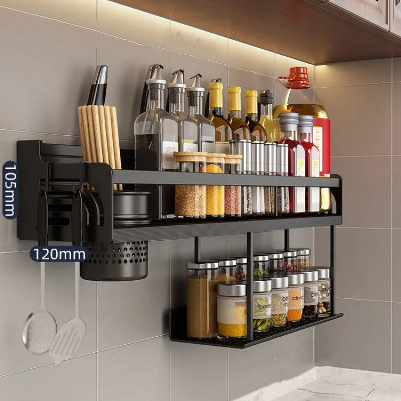 étagère murale multifonctionnelle noire moderne vis tablettes support couteaux porte serviette gobelets verres