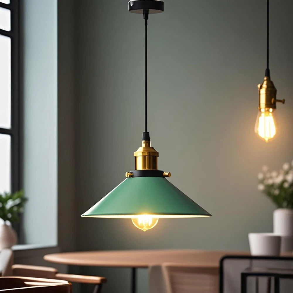 Suspension lumineuse conique minimaliste gris vert jaune bleu rose blanc câble suspendu chambre salon
