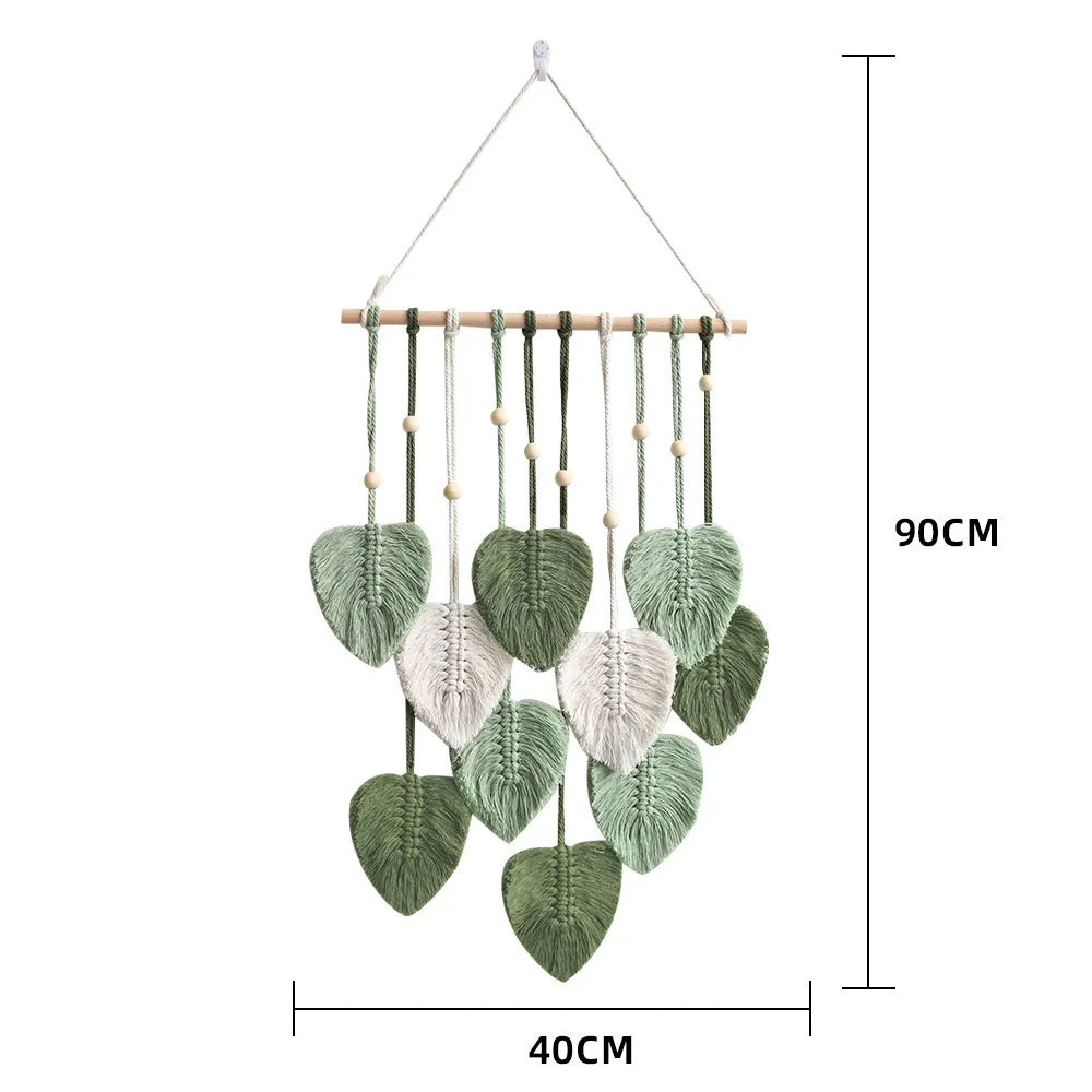 décoration murale boho feuilles macramé vert rose blanc coton polyester 40x90cm crochet