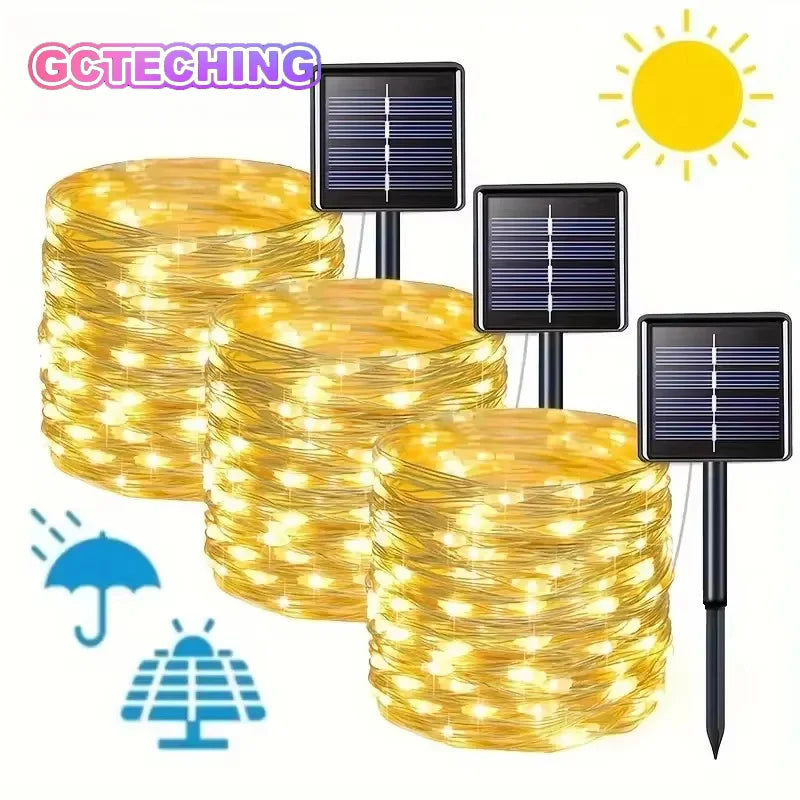 guirlande lumineuse solaire blanc chaud modes filament cuivre moderne extérieure jardin patio led autonomes