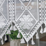 rideau vintage semi transparent brodé motifs géométriques tassellets blancs cuisine fenêtre polyester beigeclair