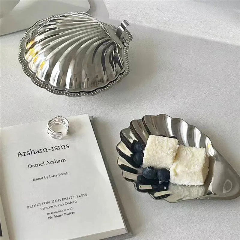 assiette coquille acier inoxydable argentée relief classique fromage dessert bijoux décoration table