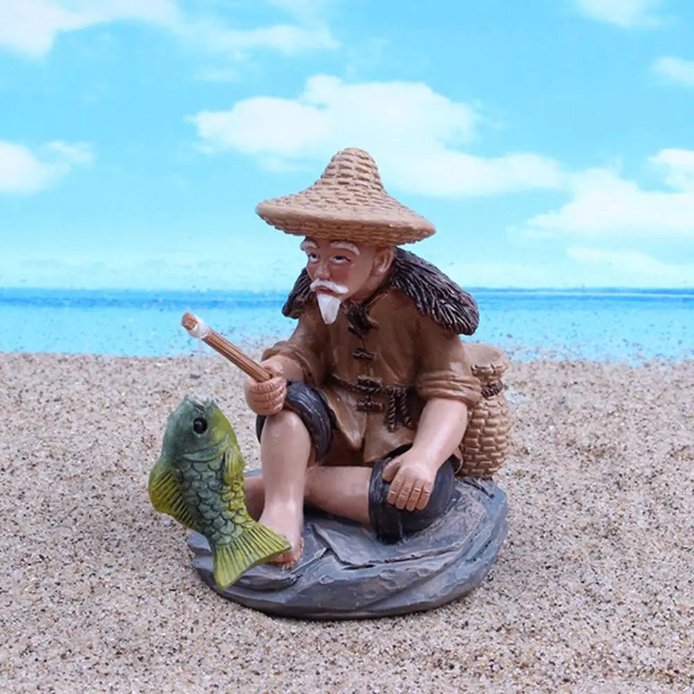 ornement jardin miniature pêcheur résine chapeau panier canne poisson texture rustique asiatiqueextérieur decorationfigurine