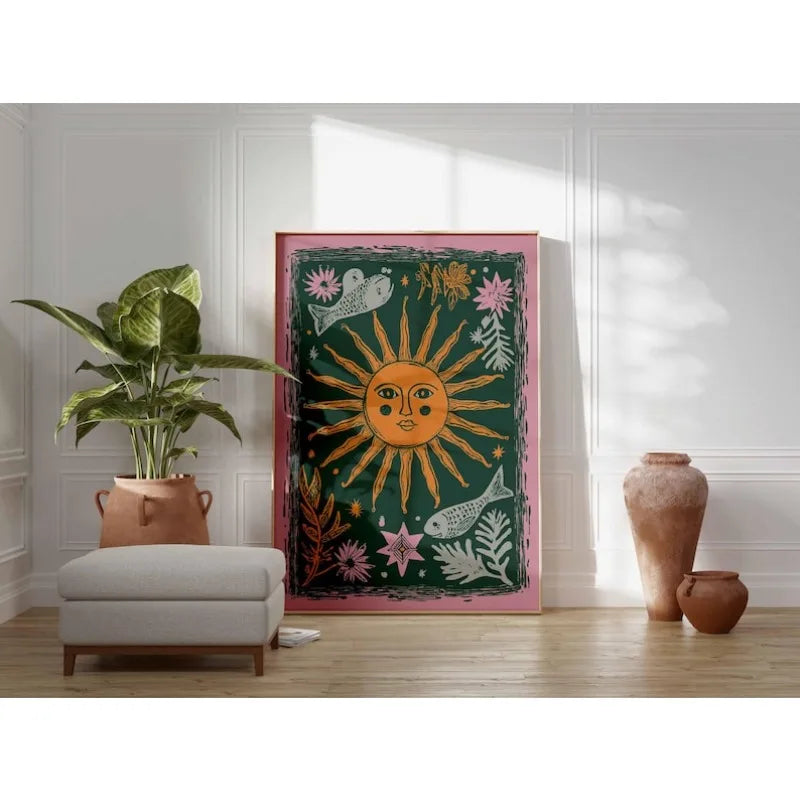 affiche abstraite soleil lune bohème art mural moderne salon chambre verte dorée roseclair floral