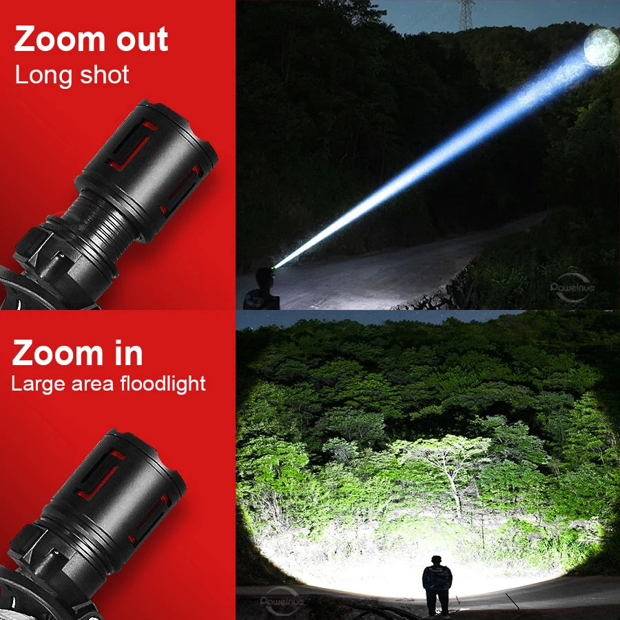 lampe torche noire led rechargeable puissante zoom camping hiking affichage charge usb moderne