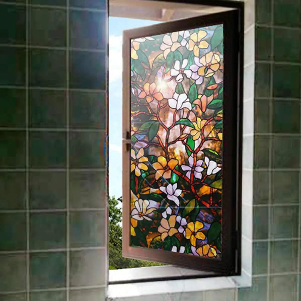vitrail floral opaque adhésif art nouveau fenêtre décoration intérieure isolation thermique protection privacité