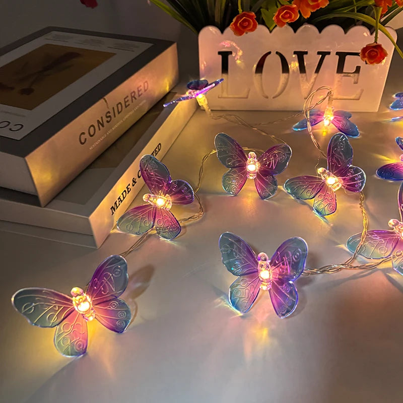 guirlande lumineuse papillons féeriques bleu rose orange vert transparents décoration mariage anniversaire fête chambre