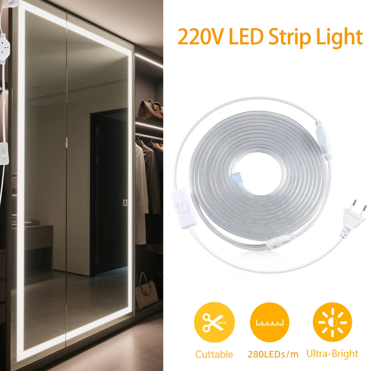 ruban led autocollant flexible interrupteur miroir maquillage armoire salon blanc chaud