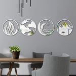 décoration murale moderne cercle argenté noir doré feu nuages vague montagnes 20x20cm