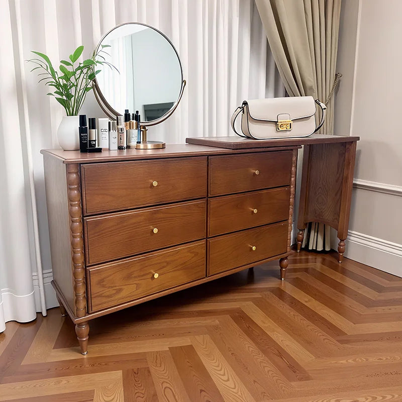 coiffeuse vintage commode tiroirs miroir rond bois naturel finition brillante classique marron clair