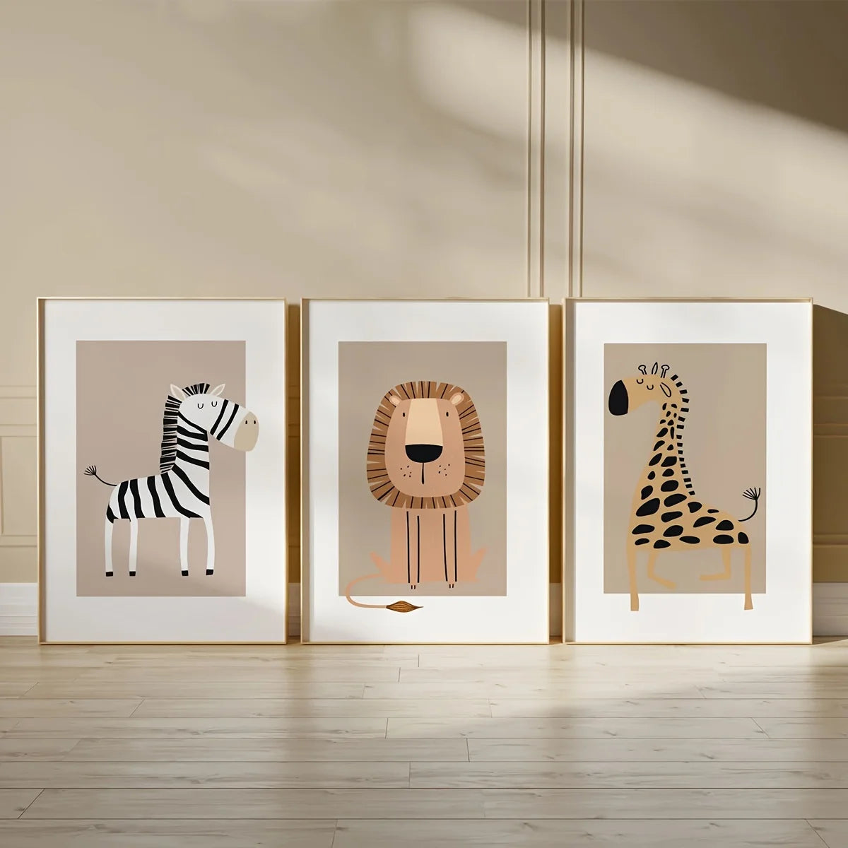 affiches animales zèbre lion girafe moderne dessin animé enfant decoration chambre blanc marron noir