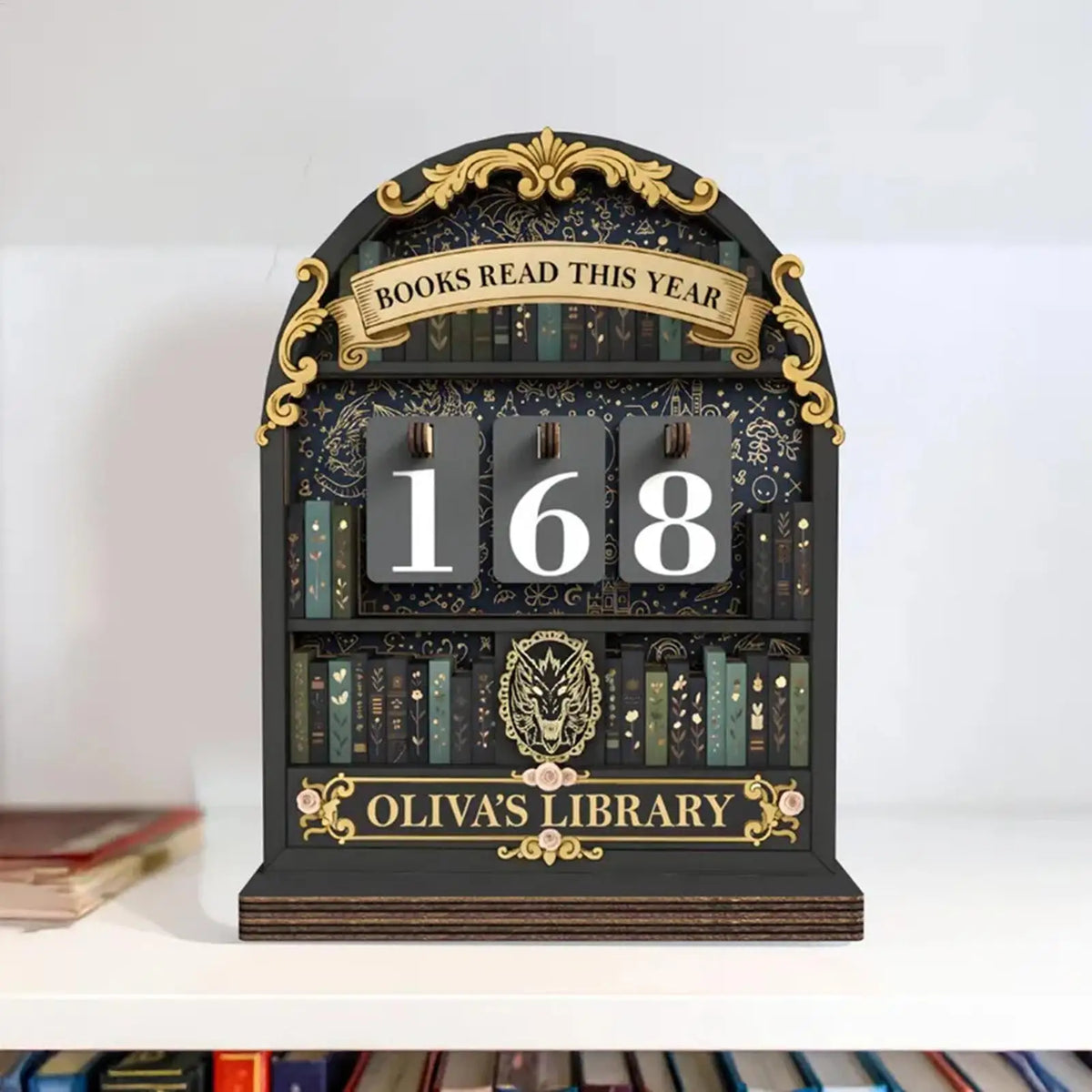 décoration bibliothèque miniature vintage suivi livres lus chiffres rotatifs bois floral doré salon chambre