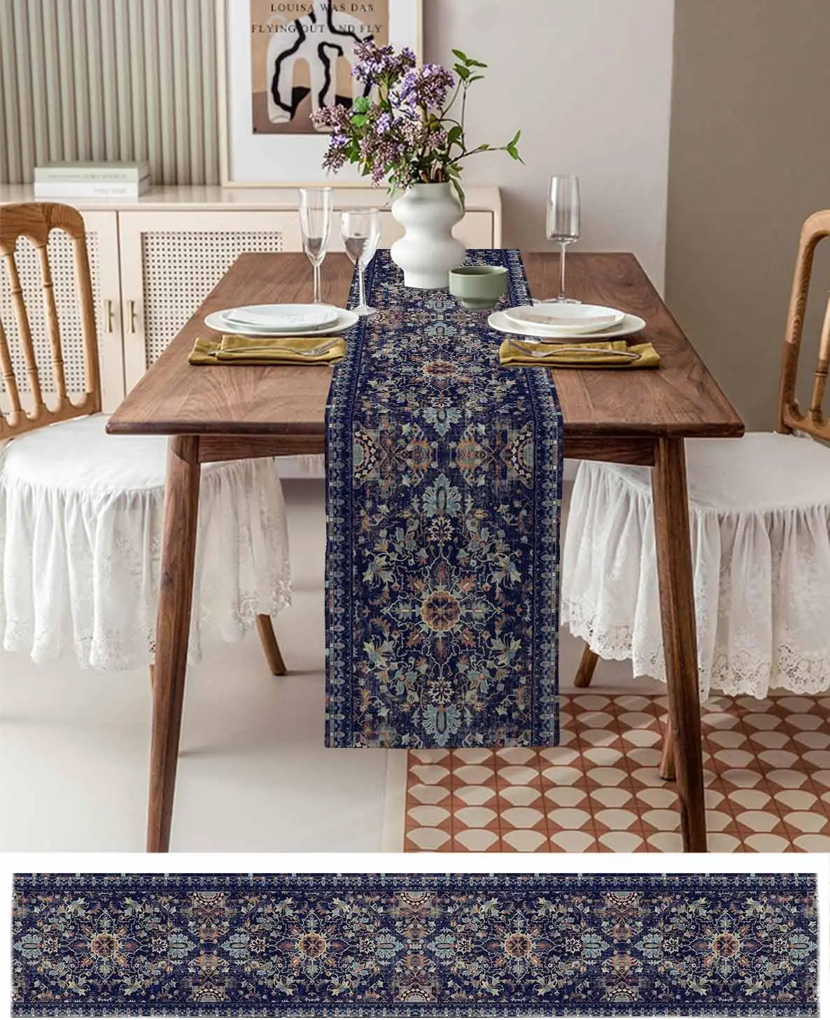 chambranle table lin floral bleu marine beige vert marron classique traditionnel