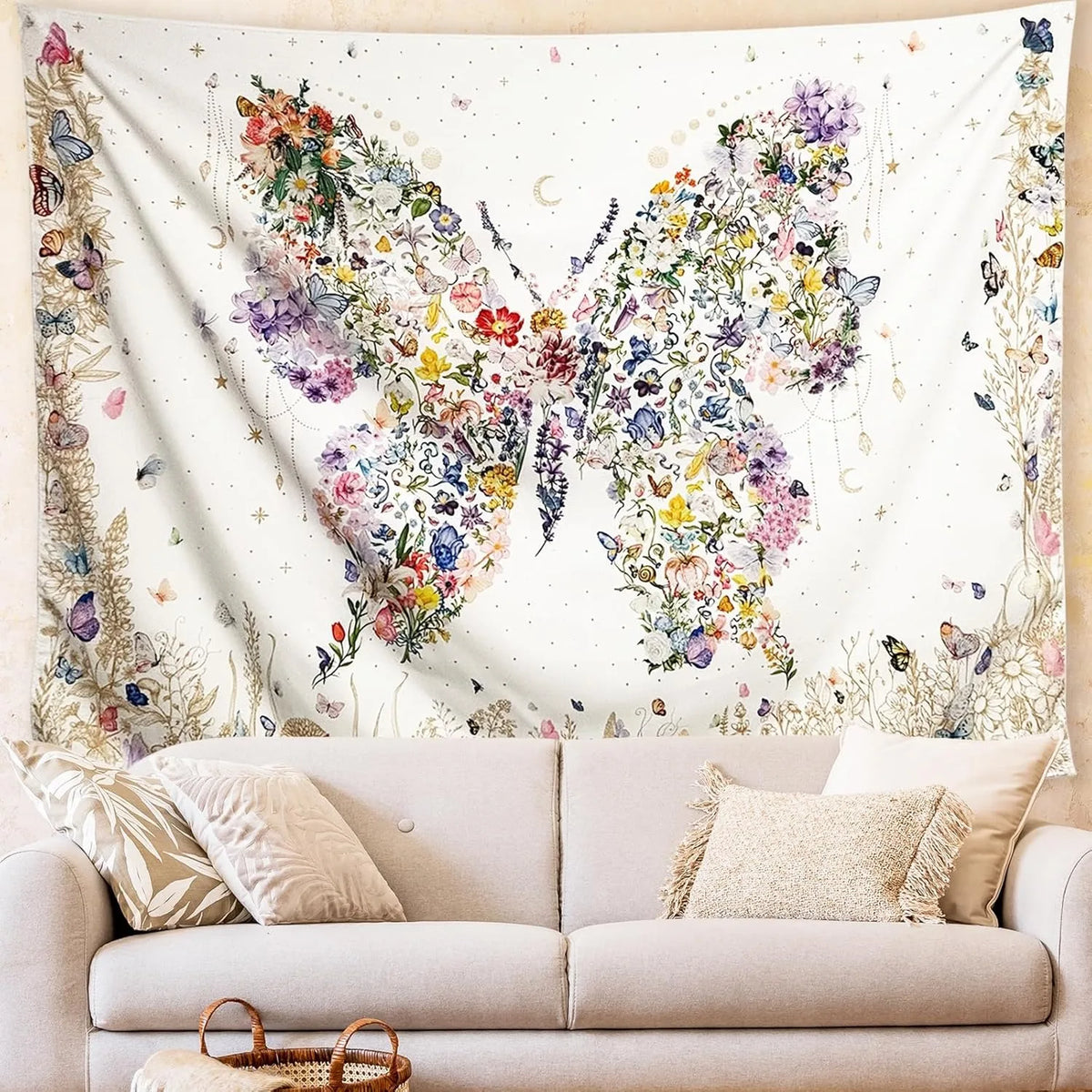 tapisserie murale boho chic motif floral complexe polyester beige clair foncé rectangle moderne