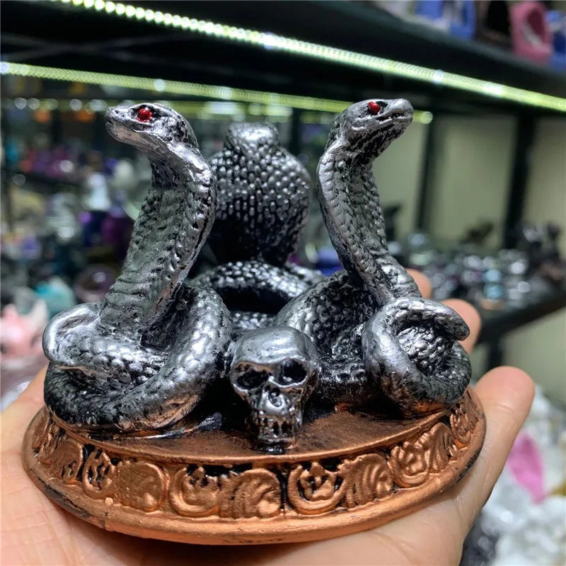 statue serpent tête crâne argent bleu vert motifs floraux artisanal feng shui maison