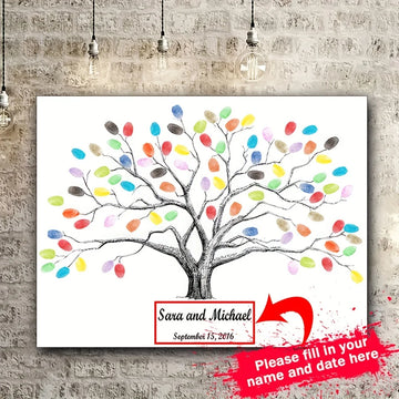 affiche personnalisée arbre d'impression empreintes colorées nom date artiste multicolore noir blanc