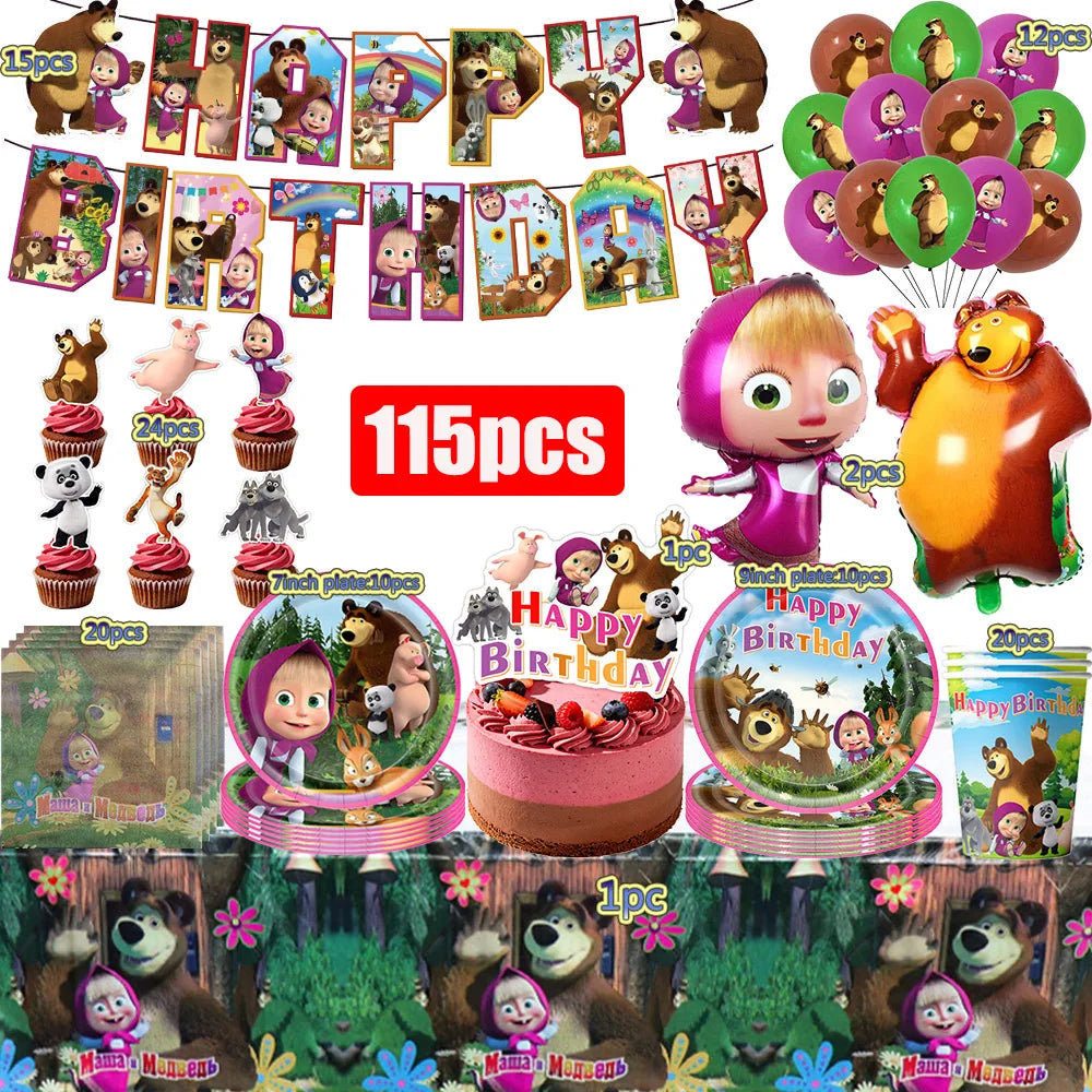 ensemble vaisselle jetable masha ours assiettes gobelets serviettes anniversaire enfant cartoon