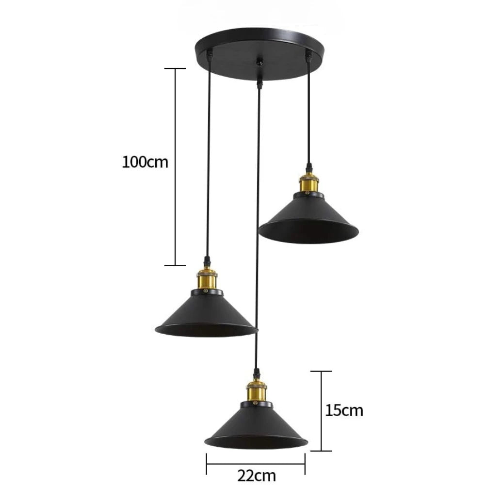 suspension lumineuse industrielle conique noire dorée ampoules câbles chambre salon