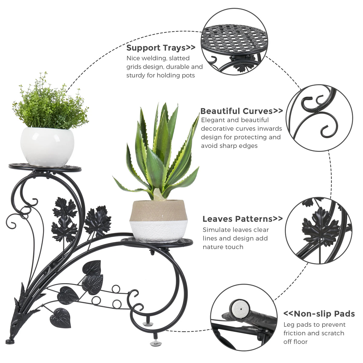 meuble plante métal noir niveaux feuilles stylisées art nouveau pots blancs arrosoir bleu balcon