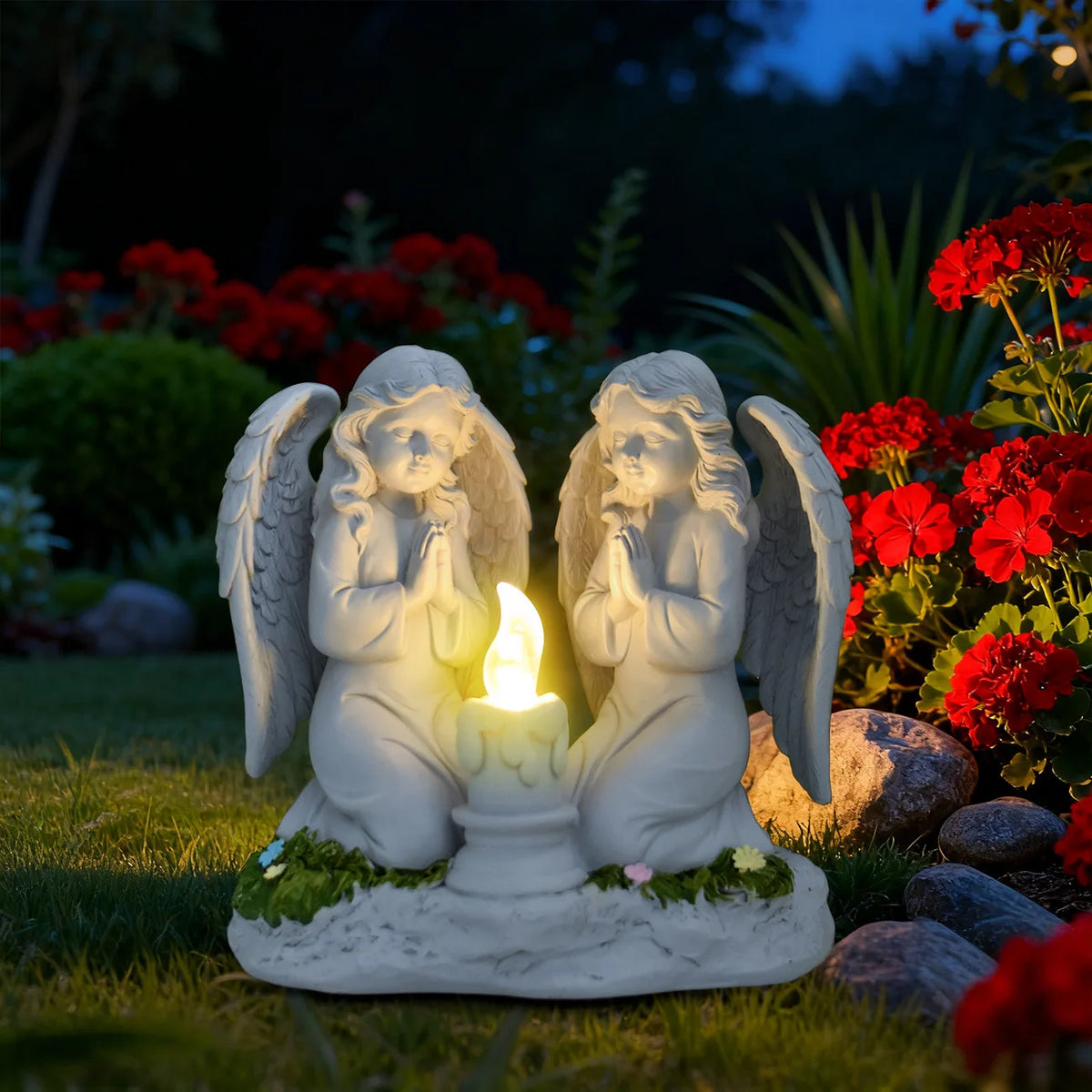 statue ange blanc texture pierre details sculptés lumiere led decoration exterieure classique jardin patio