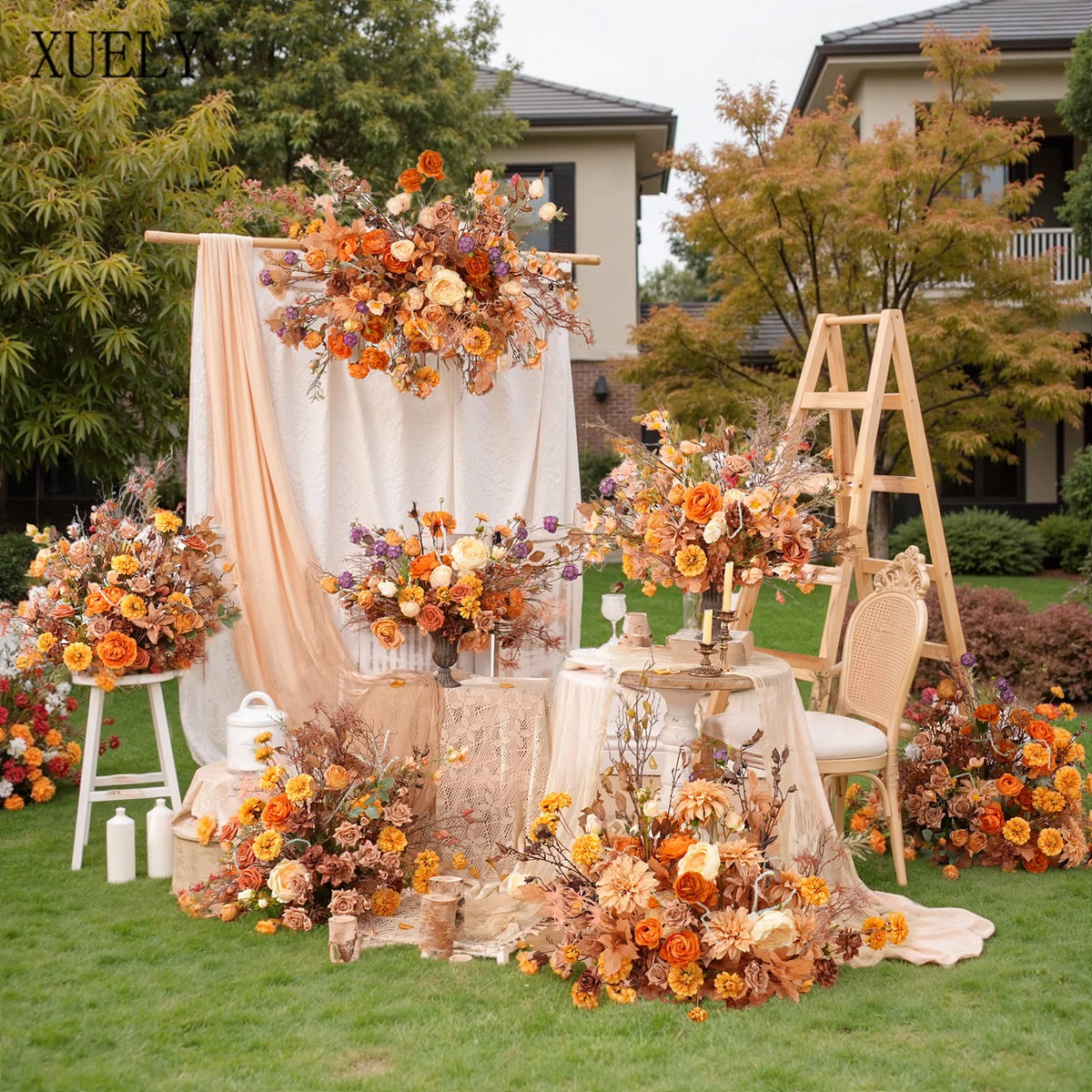 décoration murale bouquet fleurs séchées orange rustique boho chic extérieur intérieur événement festive