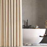 rideau douche moderne faux lin texturé beige clair gris foncé ajustable anneaux métalliques machine