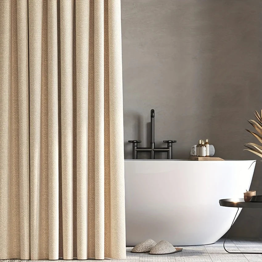 rideau douche moderne faux lin texturé beige clair gris foncé ajustable anneaux métalliques machine