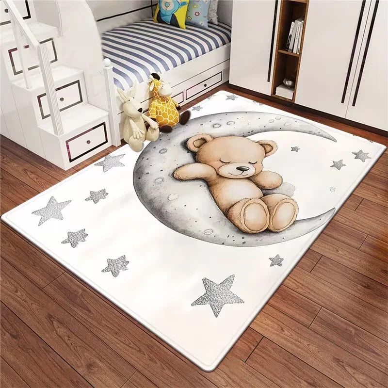 tapis ours dormir lune moderne dessin animé enfant blanc bleu beige