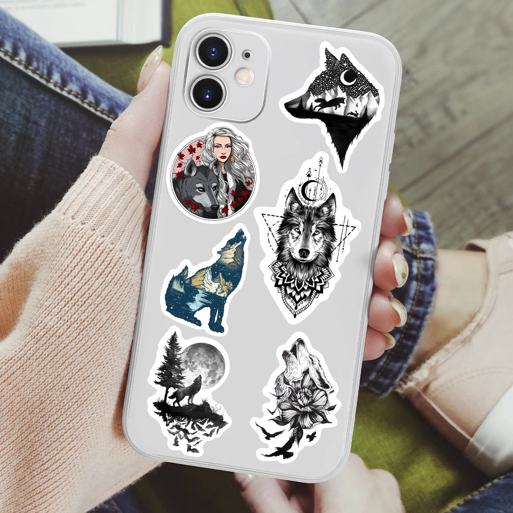 sticker adhésif waterproof loup paysage nocturne visage féminin motifs géométriques multi couleur art numérique