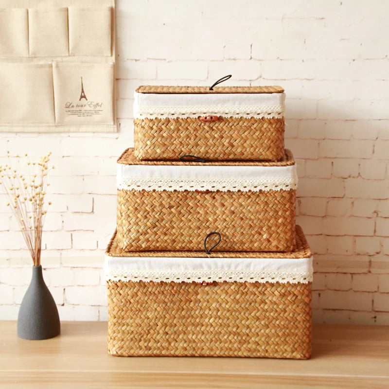 paniers paille naturels panier couvercle poignées métalliques boho chic rustique salon