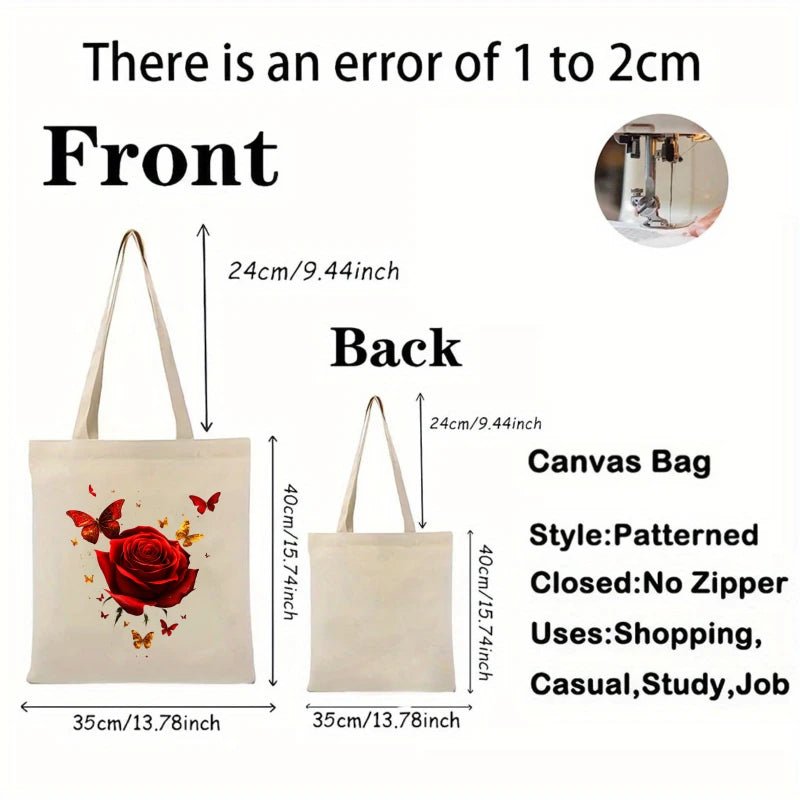 sac main toile imprimé floral rose rouge papillons beige clair réutilisable respectueux environnement poignées