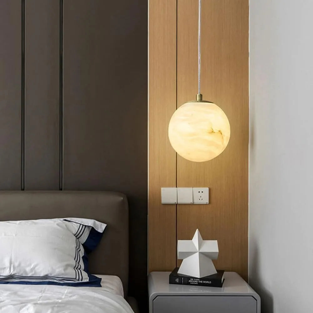 Suspension lumineuse marbre blanc crème veines modernes LED translucide chambre salon