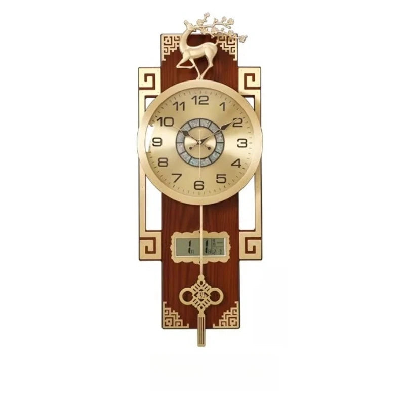 horloge murale or marron motif géométrique asiatique cadran analogique LED figurine cerf métal doré