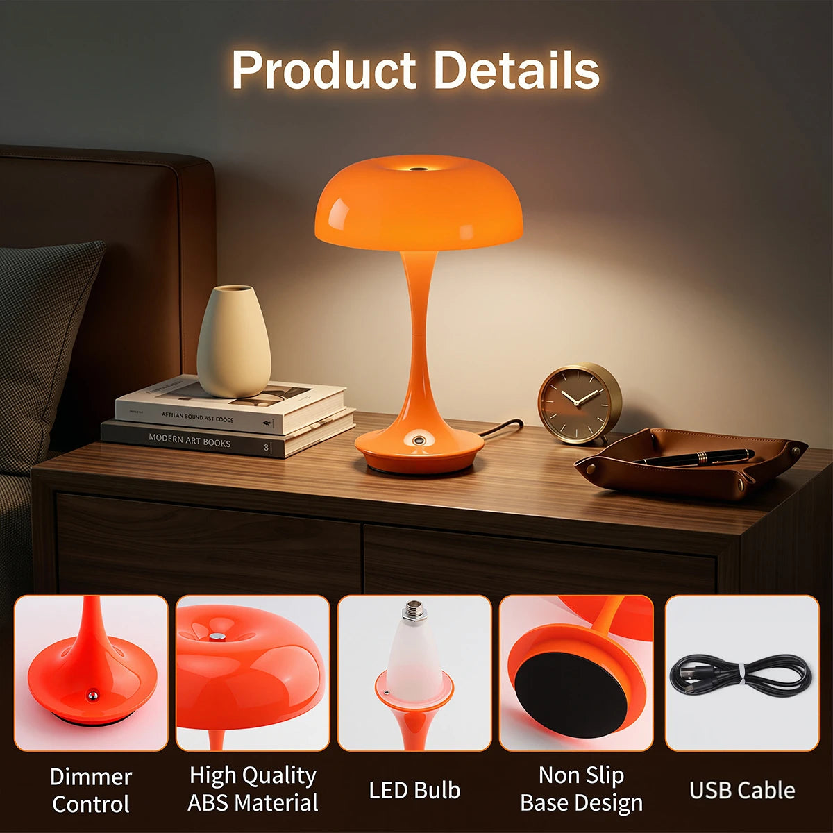 lampe table champignon orange rétro tactile couleurs ajustable led rechargeable