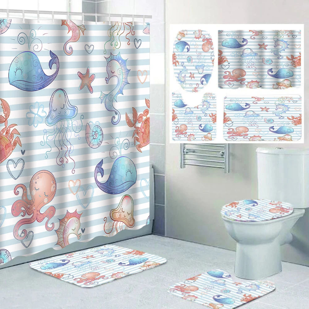 rideau douche motif marine tapis bain couvercle toilette poissons coraux