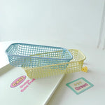 paniers rangement maille fine moderne bleu clair jaune clair rose pâle maison papeterie maquillage