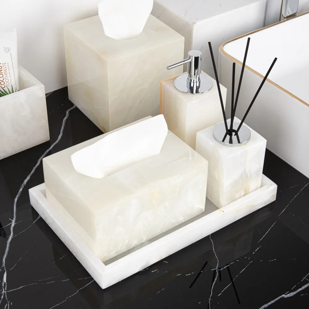 ensemble salle bain marbre onyx blanc distributeur savon porte brosse dents plateau luxe