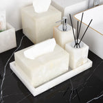 ensemble salle bain marbre onyx blanc distributeur savon porte brosse dents plateau luxe