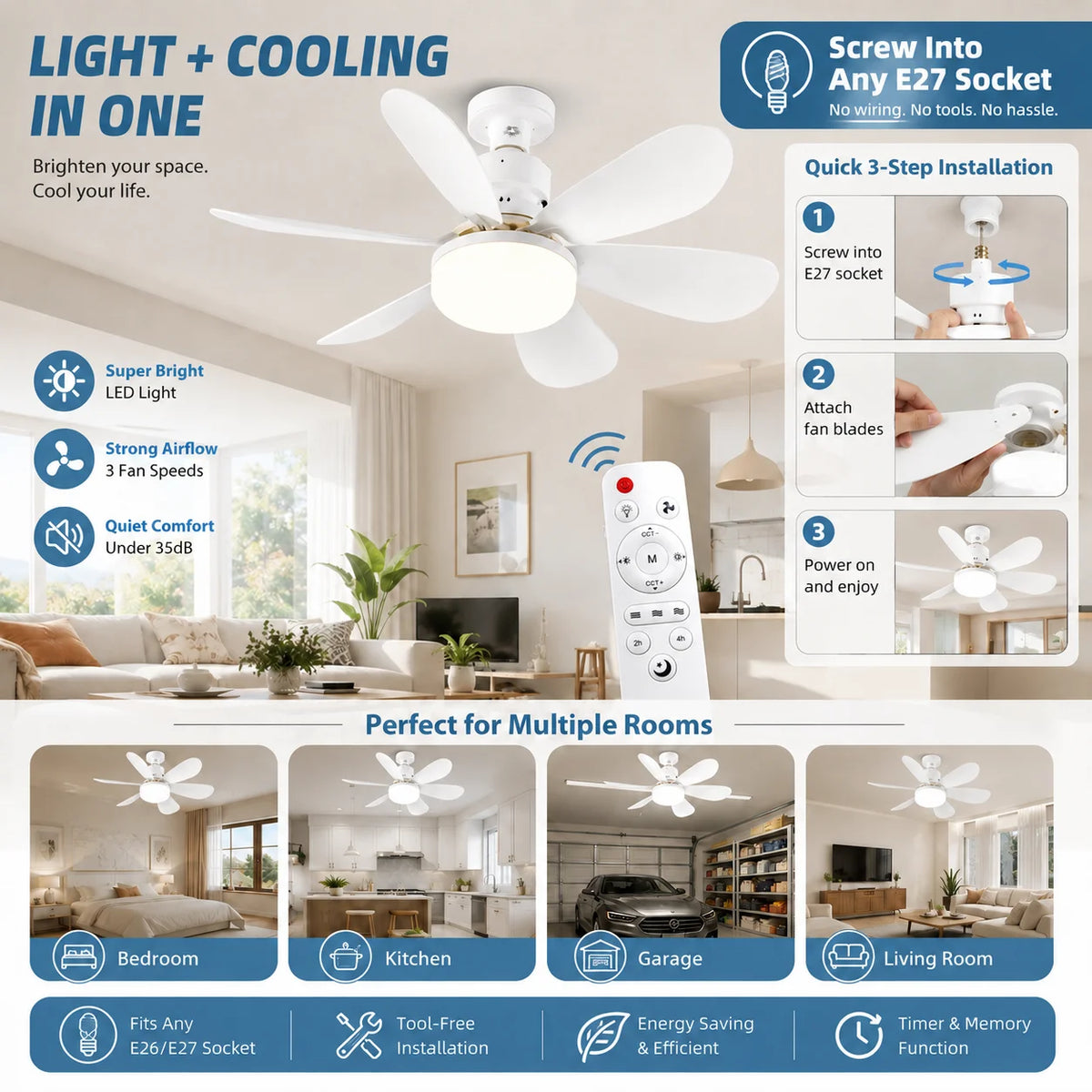 ventilateur lumière led télécommande modes blanc moderne fixations vis chambre salon