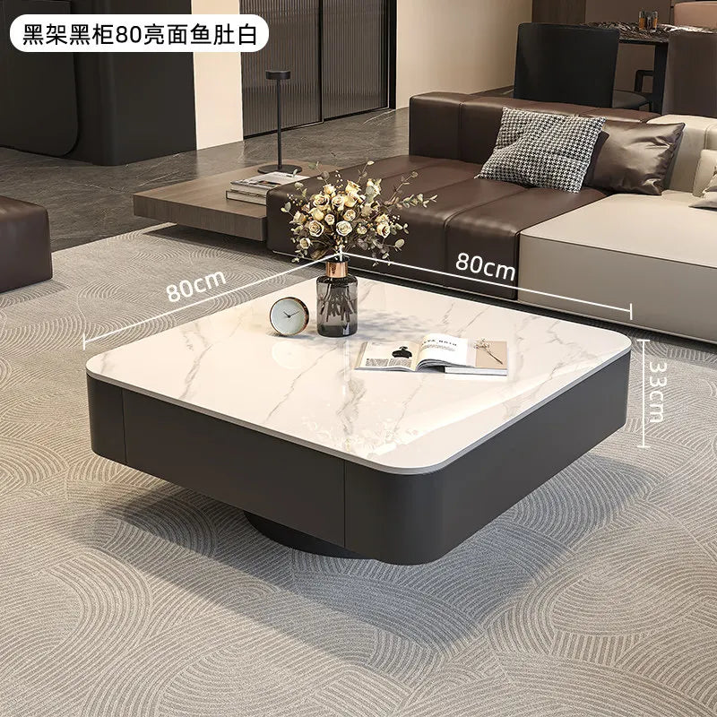 table basse carrée salon minimaliste marbre noir blanc tiroir métal solide