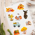stickers automne orange jaune rouge feuilles citrouilles gnomes animaux illustration cartoon adhésifs mignons vintage